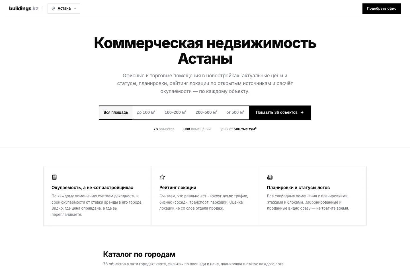 Каталог коммерческой недвижимости Buildings.kz с расчётом окупаемости