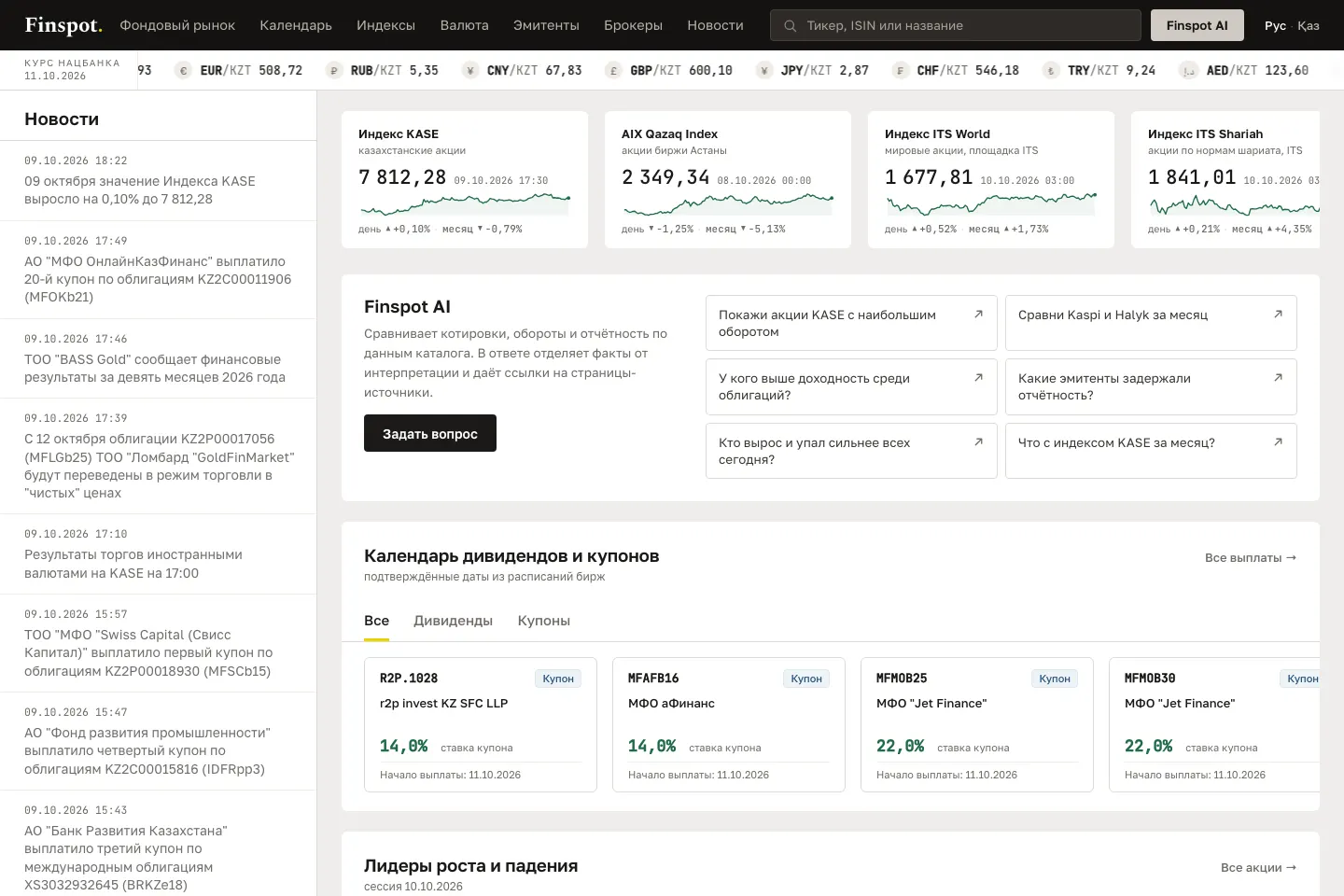 Главная страница Finspot.kz с индексами KASE и AIX, Finspot AI и календарём выплат